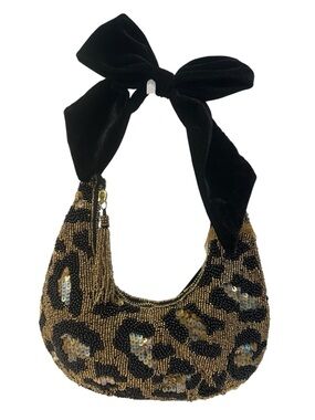 NWT Beaded Leopard Print Hobo Bag with Black Velvet Tie